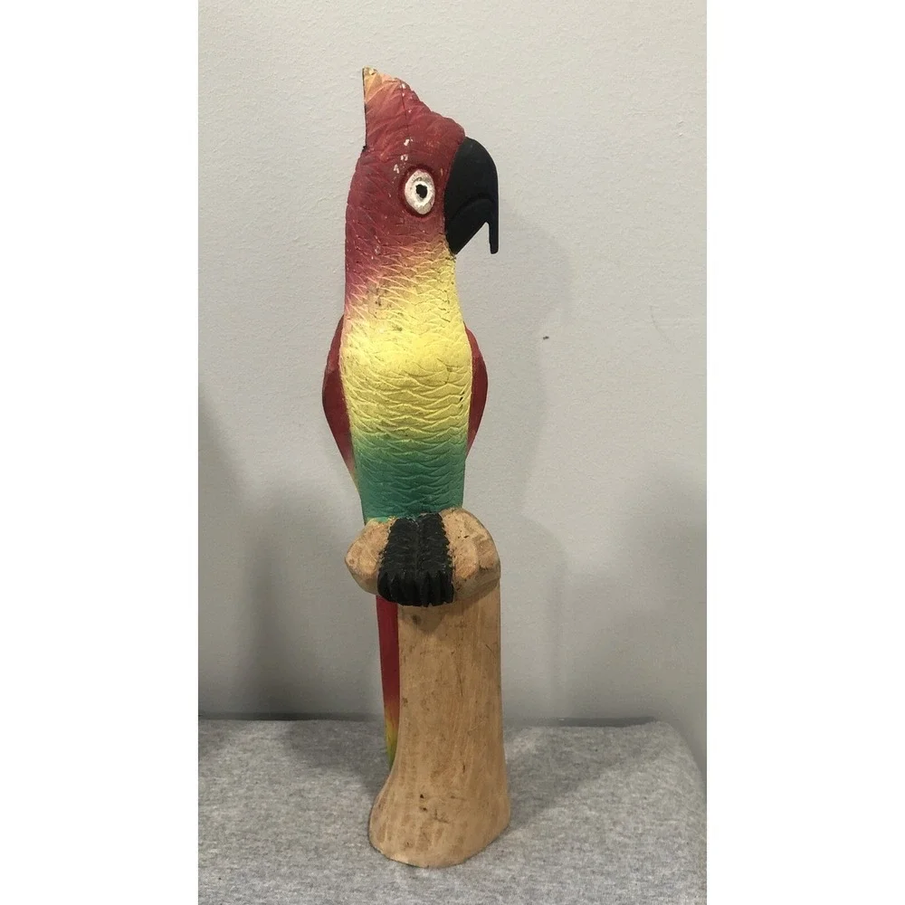 HandCarved Wood Parrot Sculpture Colorful Tropical Bird Decor 13